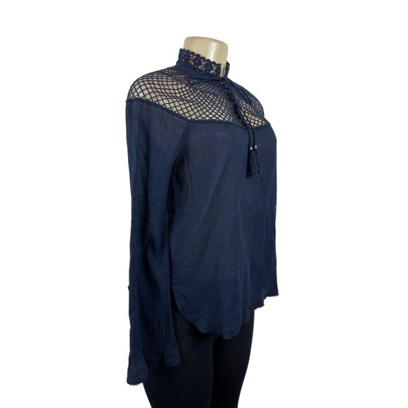 Free People Women's Indigo Blue Boho Tassel Crochet Gauzy Mesh Blouse Top Sz XS - Picture 2 of 9